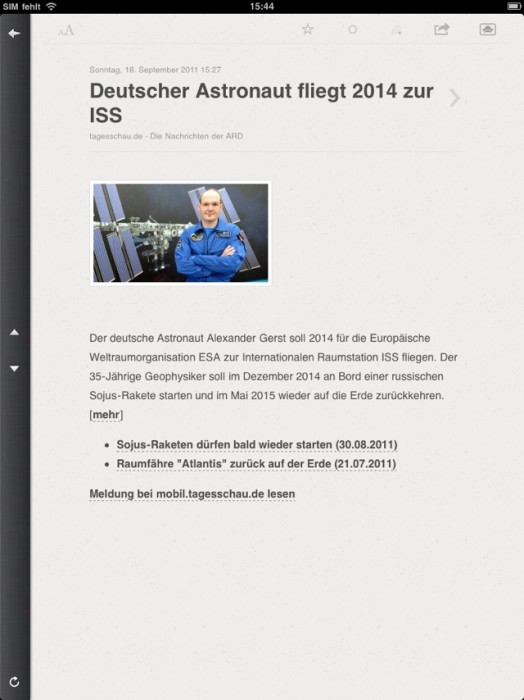 iPad im Hochformat. Konzentration auf das Wesentliche (Screenshot Reeder App)