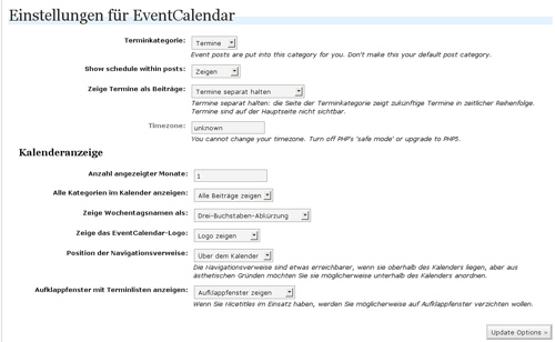 Einstellungen von Event Calendar