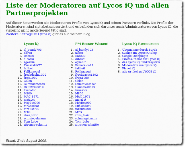 Alte Liste der Moderatoren bei LYCOS iQ