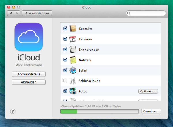 Systemeinstellungen der iCloud unter Mavericks