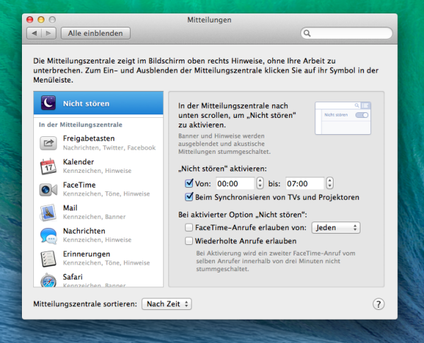 Mavericks Systemeinstellungen: Do not disturb für die Mitteilungen