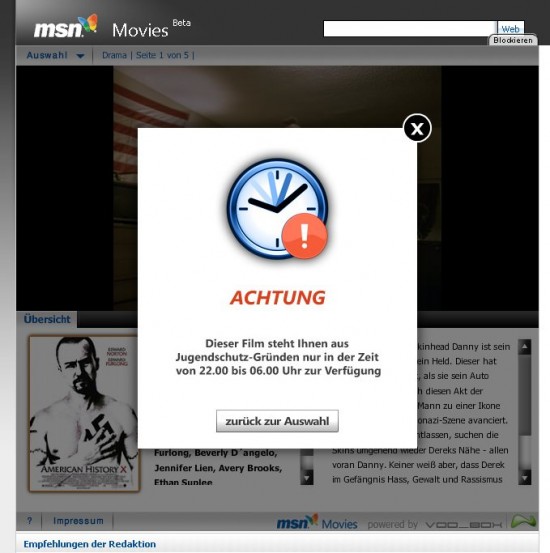Jugendschutz bei MSN Movies