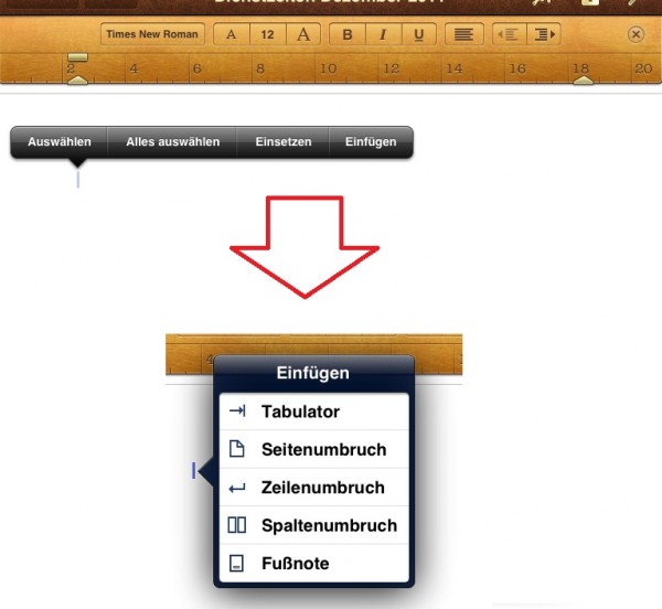 Tabulator einfügen in der Pages App auf dem iPad und iPhone